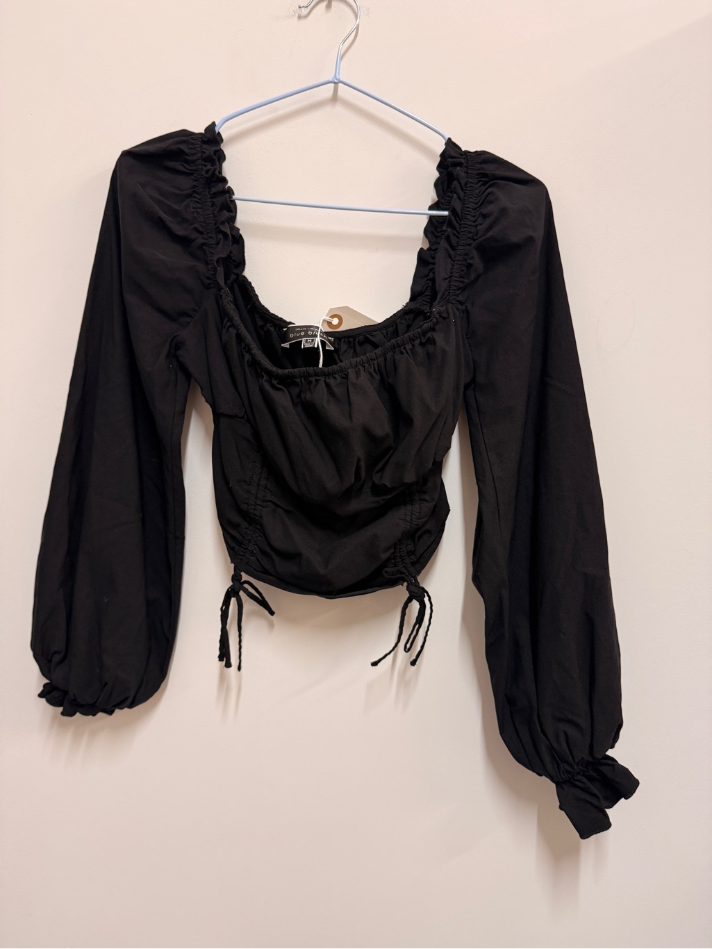 Blue Blush Black Ruched Peasant Blouse With Drawstring